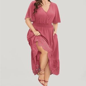 Solid Laser Cut Shirred Pocket Wrap Scalloped Trim Flutter Dress